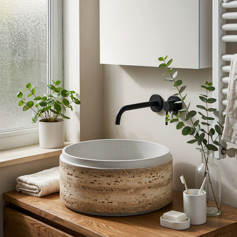 Lavabo vasque en pierre ronde de 15,2 pouces, vasque de salle de bain en marbre de travertin fabriquée à la main au-dessus du comptoir pour meuble-lavabo
