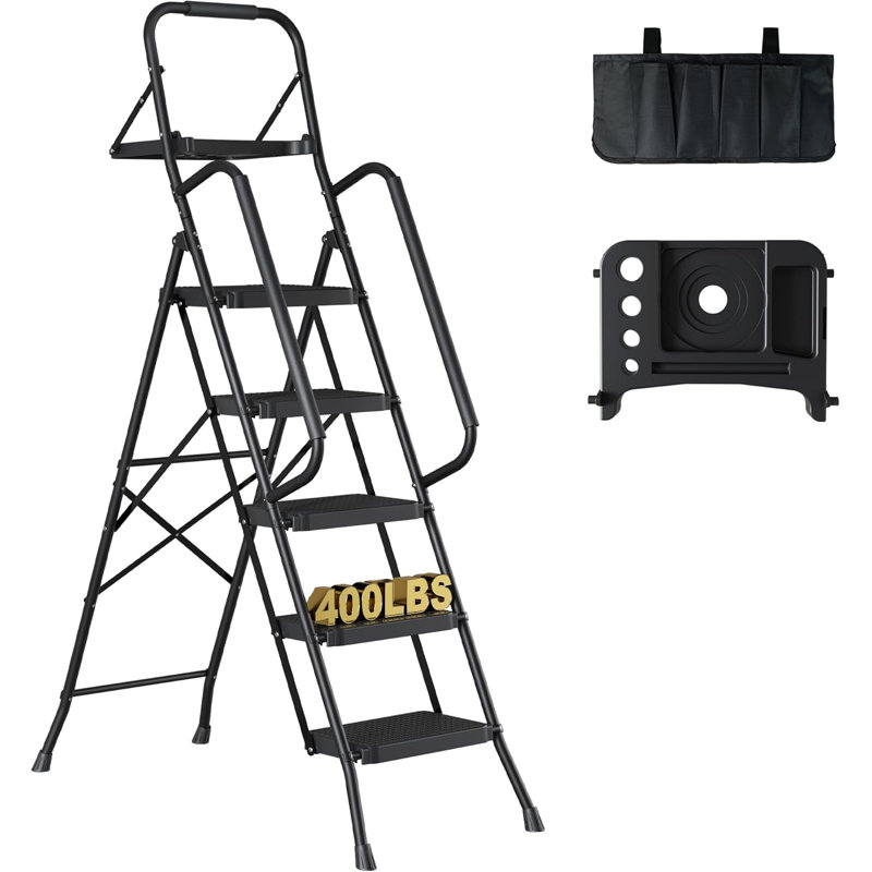5-Step Ladder, Folding Step Stool With Tool Platform, Tool Bag, And Handrails, Wide Anti-Slip Pedals, Sturdy Steel Ladder With A Max Load Capacity Of 400 Lbs, For Household Use, Black
