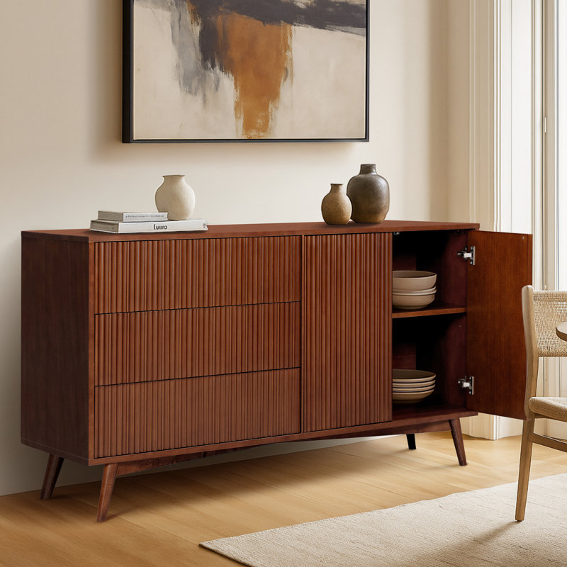 Buffet 3 portes et 2 portes Tremolo avec façades cannelées et design moderne, Noyer