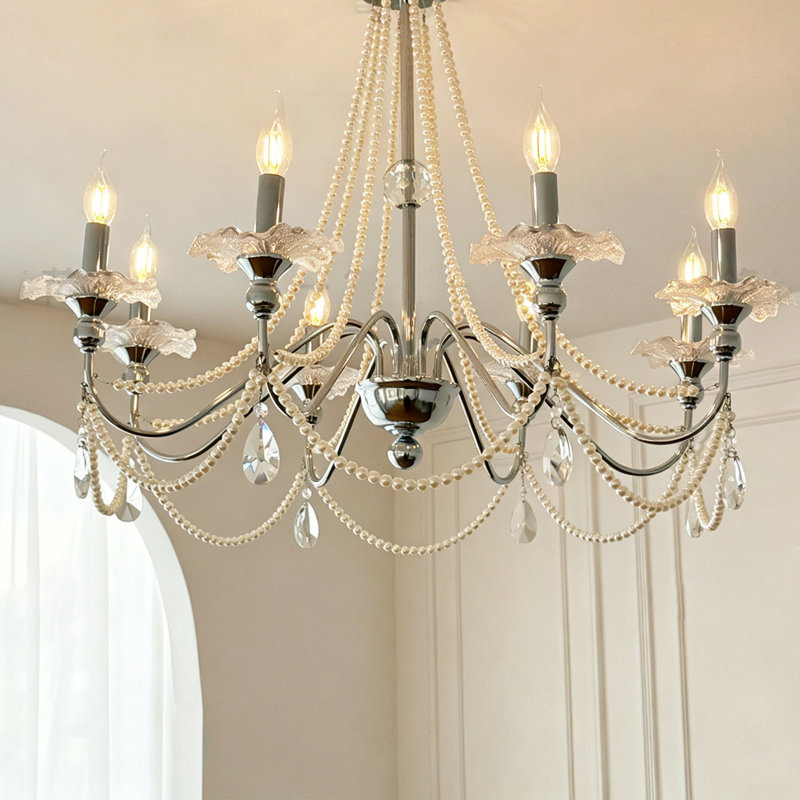 Lustre en cristal 35,43 "en fer forgé argenté de style perle - Luminaire suspendu de style bougie pour salon