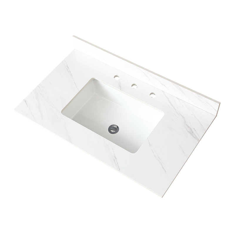 Meuble-lavabo en pierre frittée blanche 37 po - lavabo central rectangulaire, dosseret de 4 po, trous de robinet pré-percés, pierre de comptoir classique de 37 pouces, ajout chic