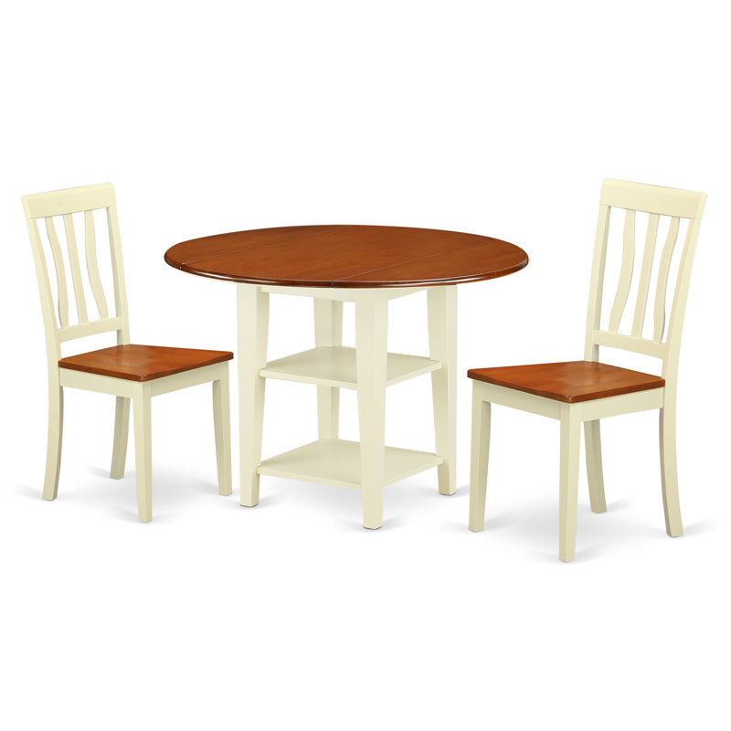 L'ensemble de table de salle à manger 3 pièces comprend une table de salle à manger ronde avec Dropleaf et des tablettes et 2 chaises en bois de 42 po x 42 po, babeurre et cerise