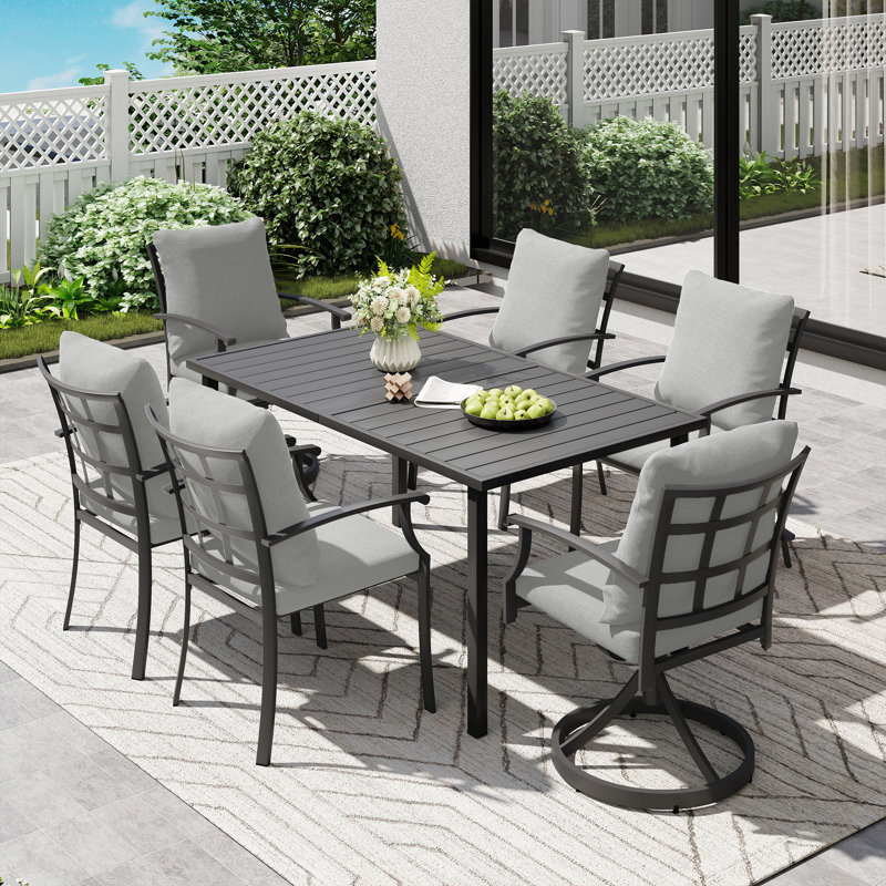 Maynard 7-Piece Black Metal Patio Dining Set With Rectangular Table, 2 Swivel Dining Chairs And Gray Cushions, Gray