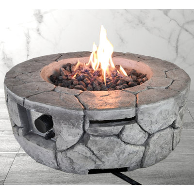 Foyer extérieur 40000 - 8 heures de combustion, béton renforcé de fibres, zone de combustion en acier inoxydable, propane et gaz naturel, corps de foyer gris en béton 8H, compatible avec l'intérieur et le gaz,