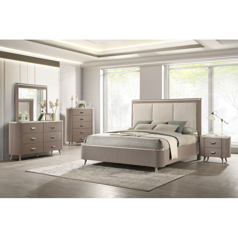 5-Piece Modern Luxury Bedroom Set, Velvet Upholstered Bed Frame, 6-Drawer Dresser, Dresser Mirror, 5-Drawer Chest, 2-Drawer Nightstand, Contemporary Bedroom Furniture