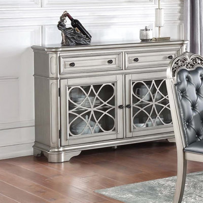 Silver Finish Server Cabinet For Dining Room, Contemporary Style With Rubber Wood And Glass Room 2 Drawers, Storage Cabinets Unique Doors,