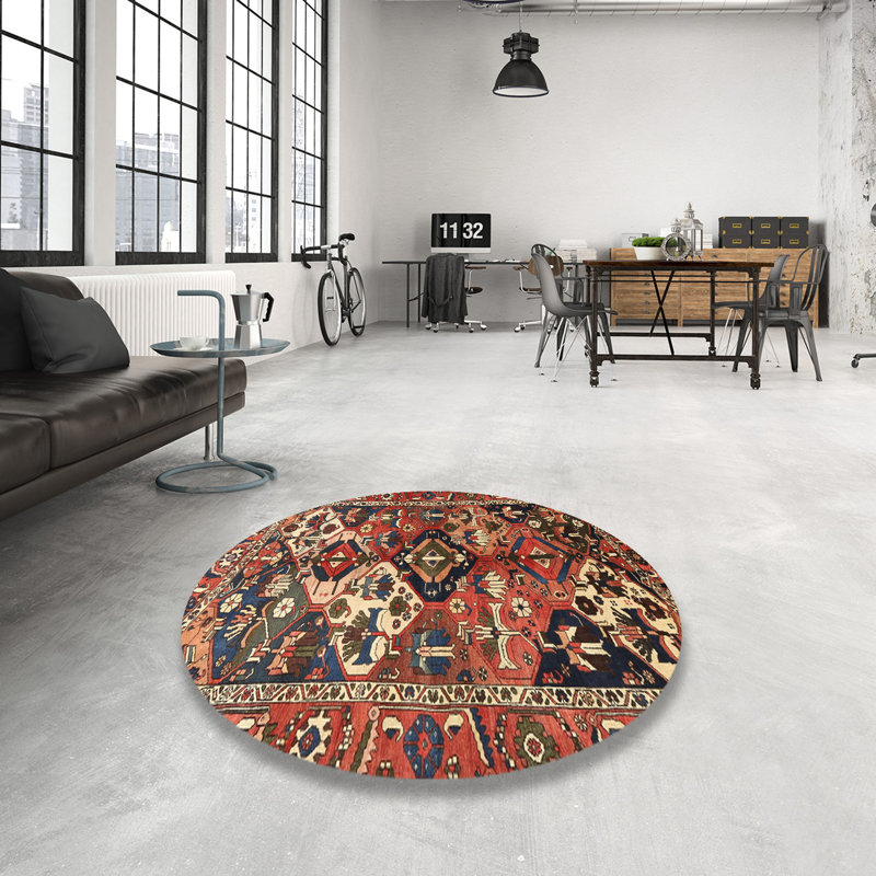 Tapis traditionnel rouge / beige / noir, Rond 4 pi