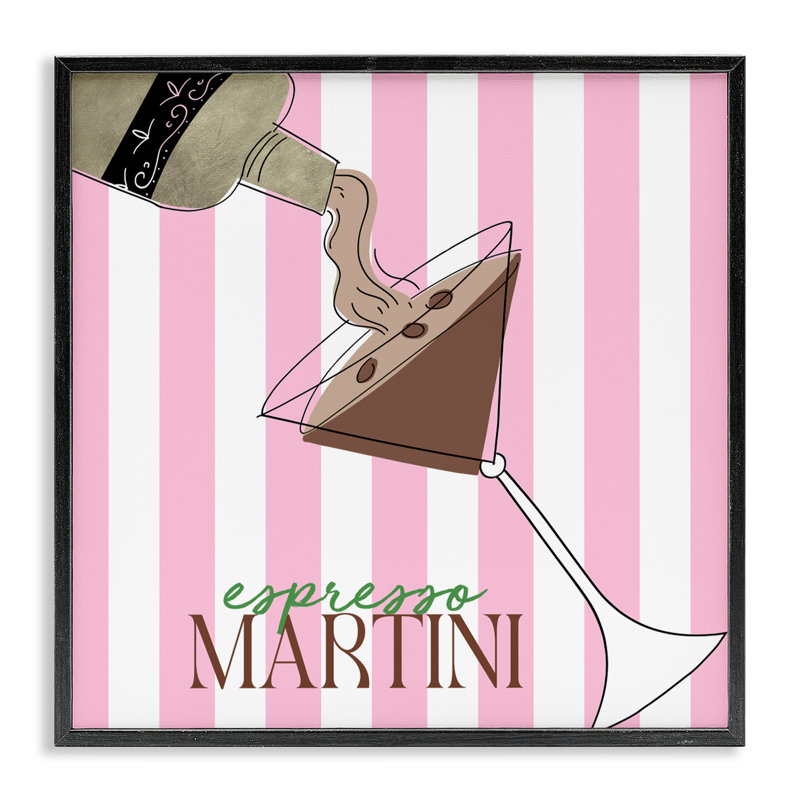 Giclée à rayures roses espresso Martini, design par Deidre Mosher, Giclée encadrée noir minuit, H 24 po x l 24 po