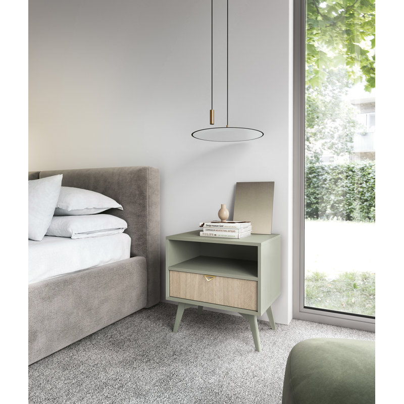 Alcesta  53.9cm W Manufactured Wood Bedside Table, Light Sage Matt/Oak Scandi