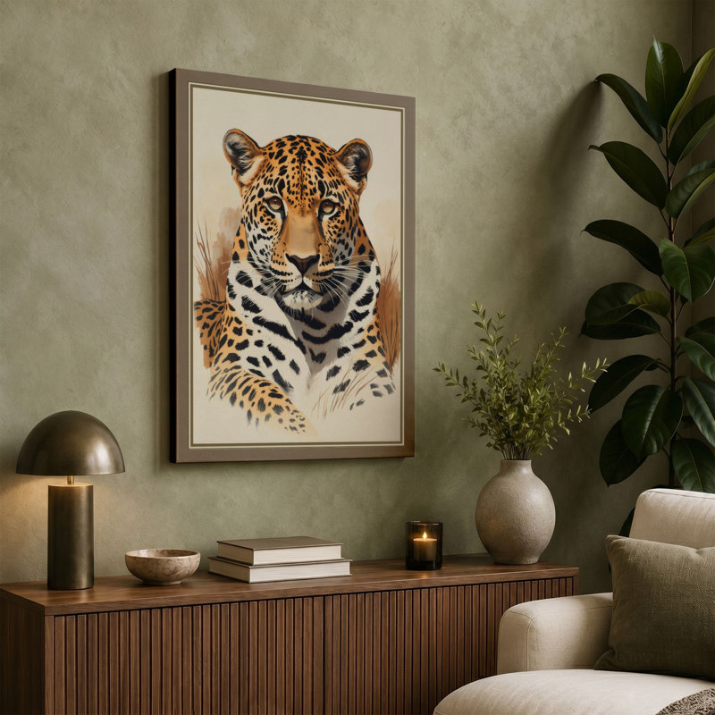 Leopard in Stillness Boho - Wrapped Canvas, 24x16 - 61.0 x 40.6 cm, Black Border
