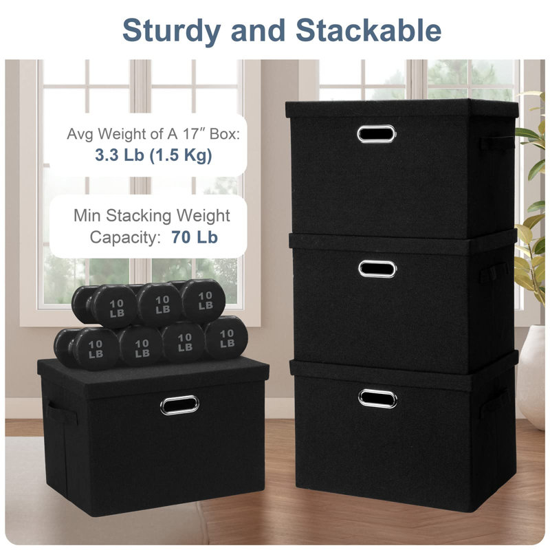 Grand 17 "bacs de rangement pliables et empilables de 36 pintes avec couvercles, Noir, noir, noir, noir