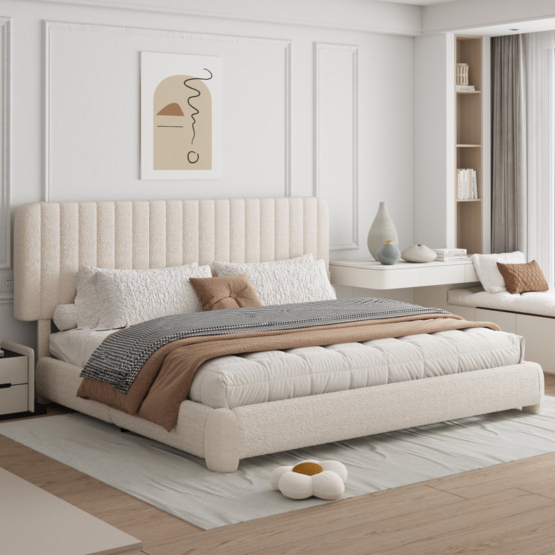 Haden Upholstered Platform Bed Frame with Adjustable Headboard, Beige, King