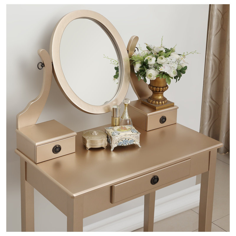 . Ensemble de meuble-lavabo 30 "en bois massif avec miroir ovale et tabouret, doré.    