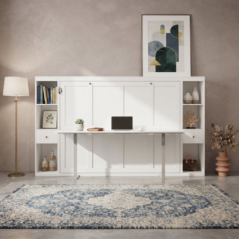 Queen Size Horizontal Murphy Bed With Built-In Storage Cabinet, Foldable Wall Mounted Bed With Attached Work Desk For Adults, White