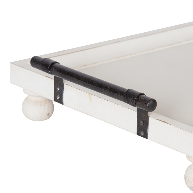 Distressed White Solid Wood Tray with Antique Metal Handles