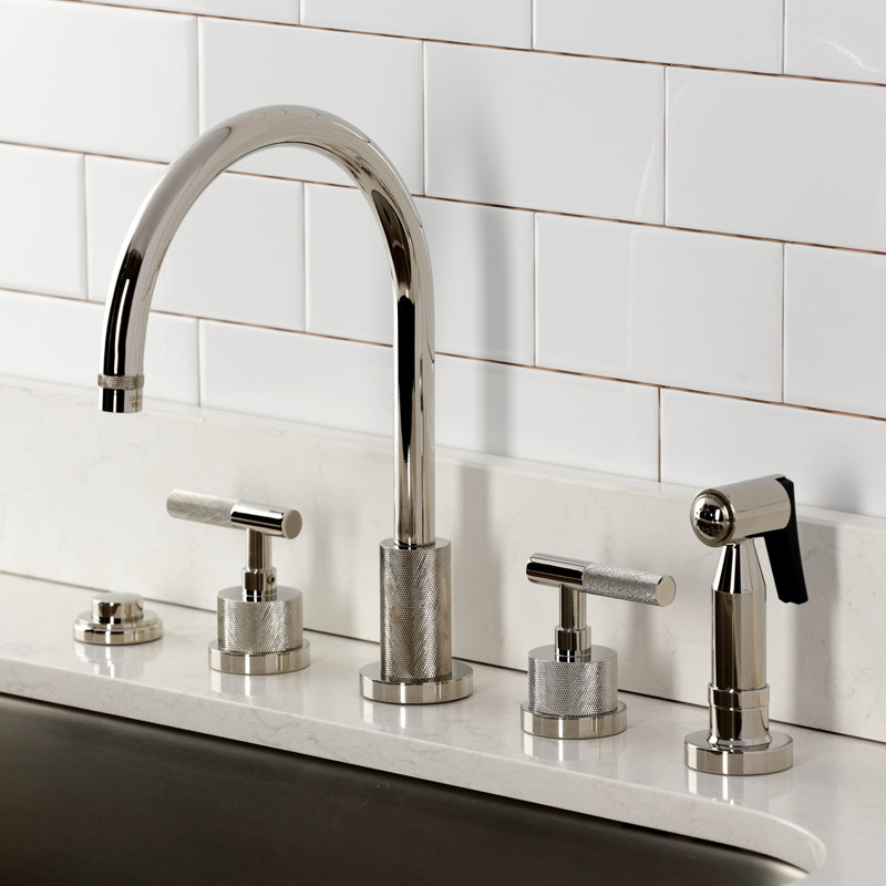 Kingston Brass Convergent Double-Handle 4-Hole Widespread Kitchen Faucet With Knurled Handle 4-Hole And Brass Sprayer
