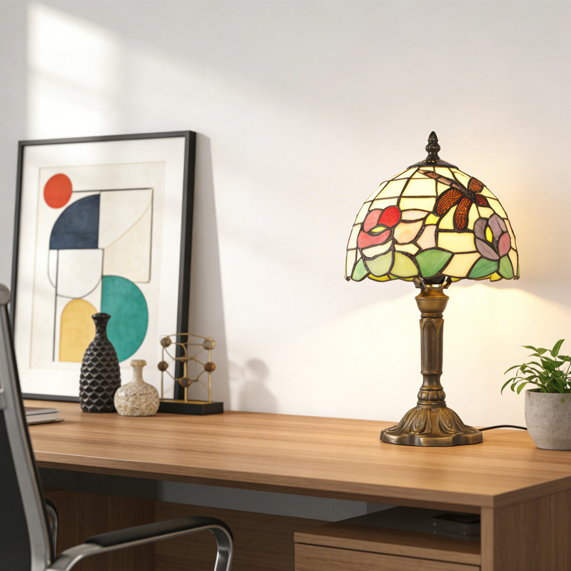 Lampe de table libellule en vitrail à motif floral, lampe décorative bronze rétro, lampe de chevet à lumière chaude