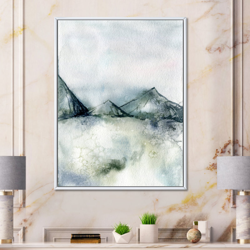 Hiver, paysage de montagne bleu foncé minimaliste - peinture sur toile à cadre flottant, Toile blanche encadrée