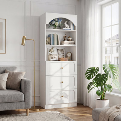 ‌23.6" Arched Wooden Bookcase - 3 Drawers & 3-Tier Shelves, White Pantry Storage For Living Room/Kitchen/Bathroom‌