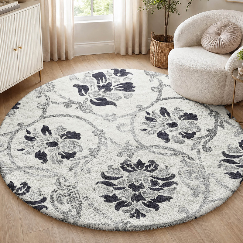 Tapis Dream Shag ADS766 de qualité supérieure, lavable à la machine et à motif floral, Black, 8' Round