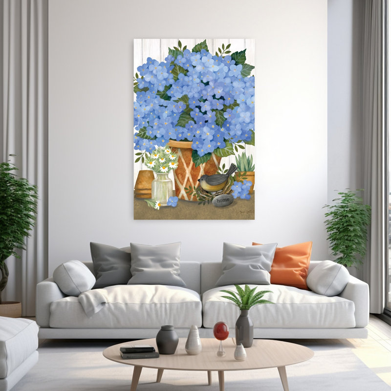 Hortensias célestes, art contemporain, hortensias, fleurs printanières, H 60 po x l 40 po