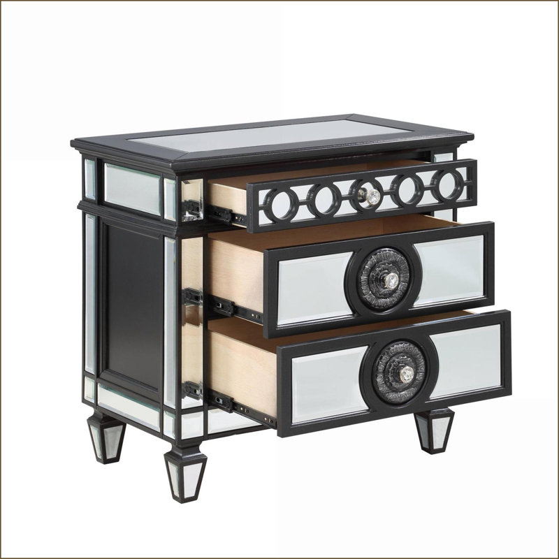 Table de chevet en bois à 2 tiroirs avec miroir Glam, Argent argent