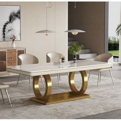 Table de salle à manger en marbre veiné blanc - Pieds en acier inoxydable, minimaliste italien