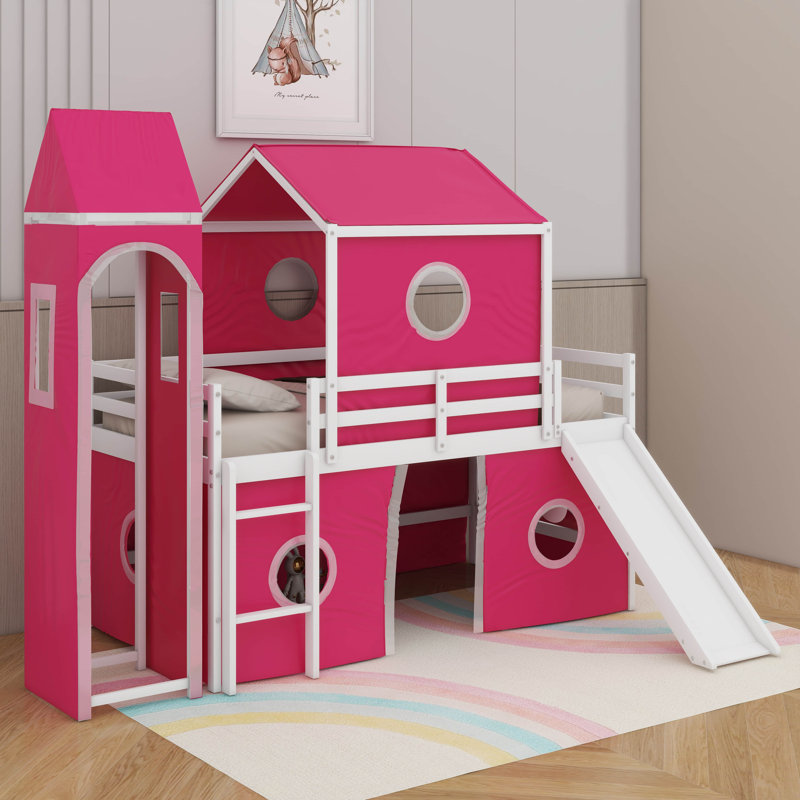 Lit mezzanine simple avec glissade et tour, Rose