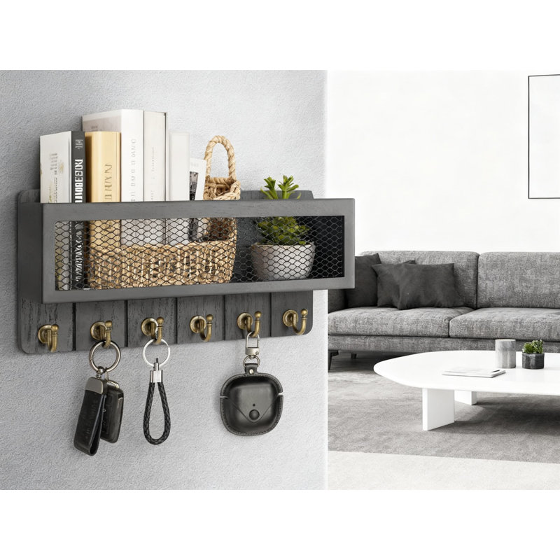 Porte-clés mural et porte-courrier avec panier de rangement, 6 crochets rétro, organisateur mural de ferme pour entrée, bureau, décoration intérieure