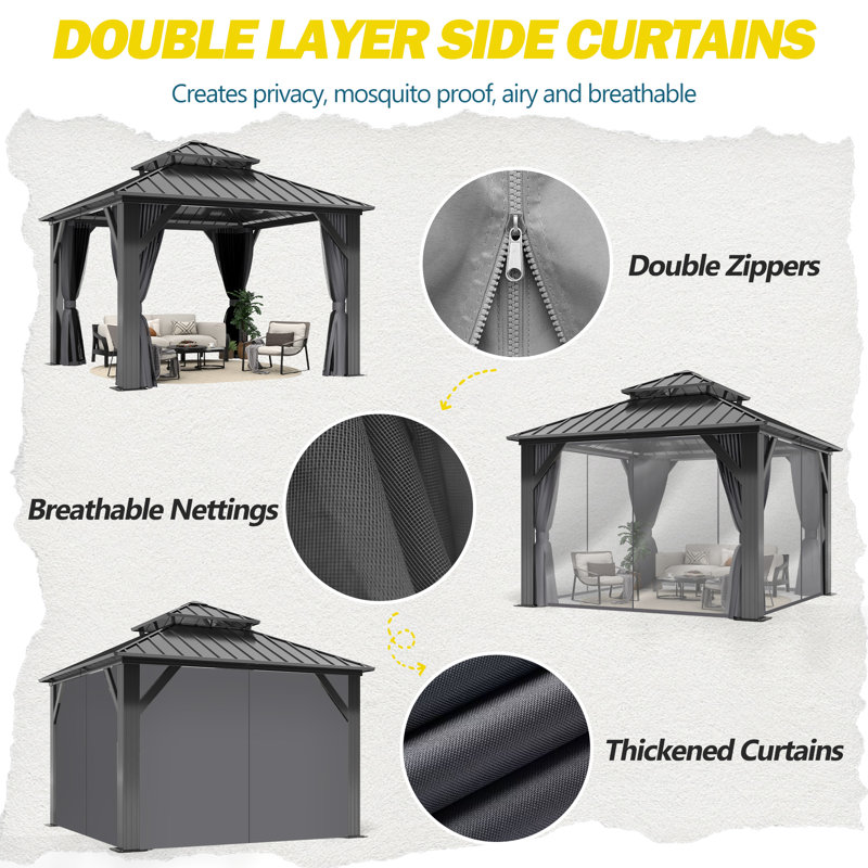 10 ft x 10 ft Black Aluminum Frame Gazebo with Curtains and Netting