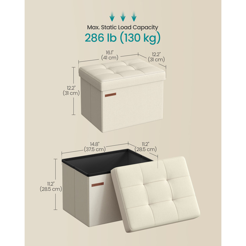 40cm Wide Tufted Rectangle Solid Colour Standard Ottoman with Storage, White