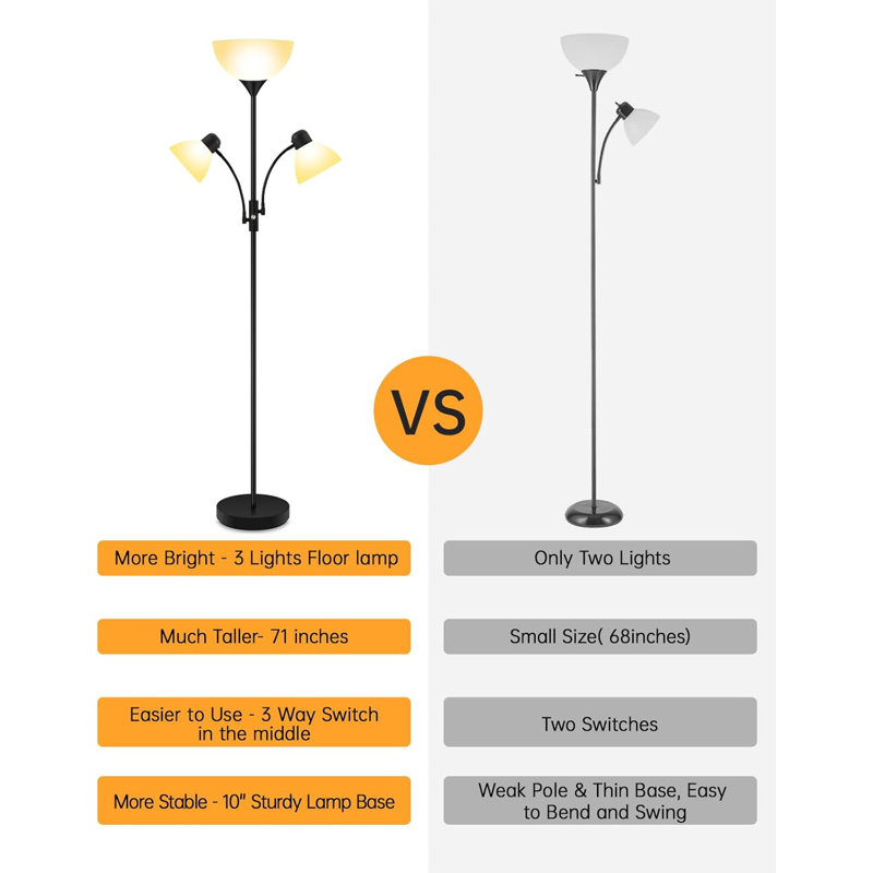 71" Modern Torchiere Floor Lamp, 3-Way Adjustable Pole Light With Reading Lights And White Shade