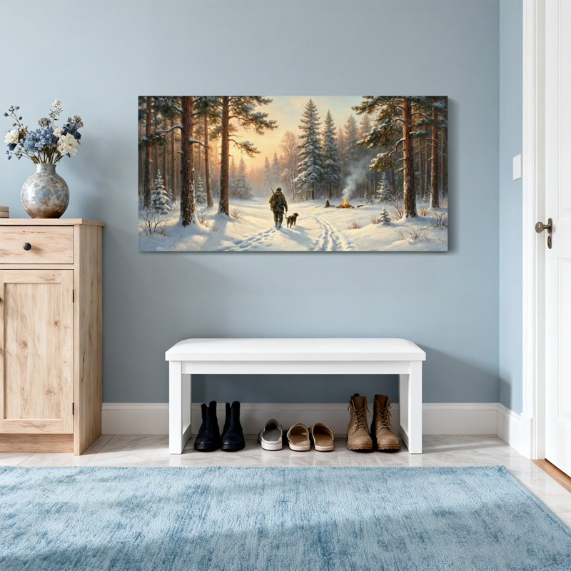 Paysage et nature Hiver forêt homme chien sentier de neige coucher de soleil pins, H 28 po x l 58 po