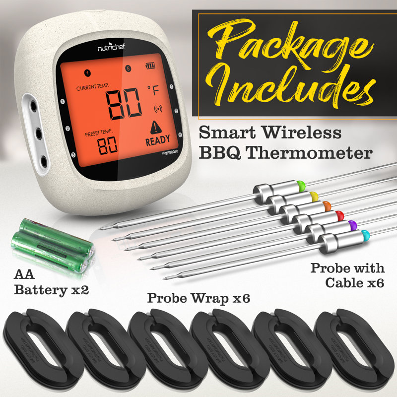Nutrichef Bluetooth Meat Thermometer For Grilling And Smoking With 6 Wireless Meat Probes, 6 Channels With Lcd Display