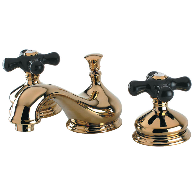 Kingston Brass Duchess Two-Handle 3-Hole Deck Mount Widespread Bathroom Faucet with Brass Pop-Up Drain, Polished Brass