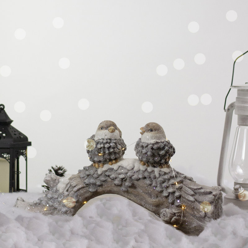 18" Gray and White Ceramic Pre-Lit Winter Birds on Log Decoration