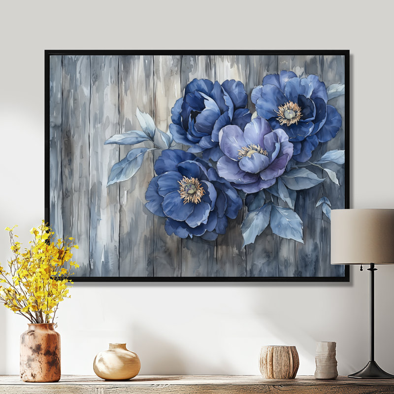 Pivoines bleues par la clôture de la ferme - art mural pivoines pour le salon, H 30 po x l 40 po, Noir