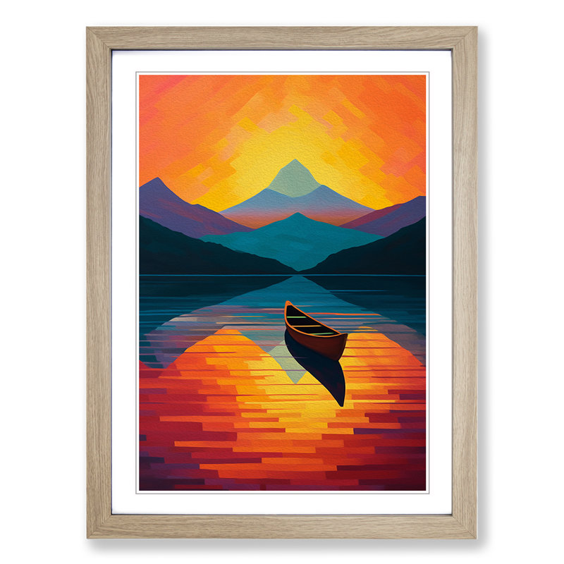 Boat on a Lake Colour Field Art - Framed Print, 34cm H x 25cm W x 2cm D, Oak Framed