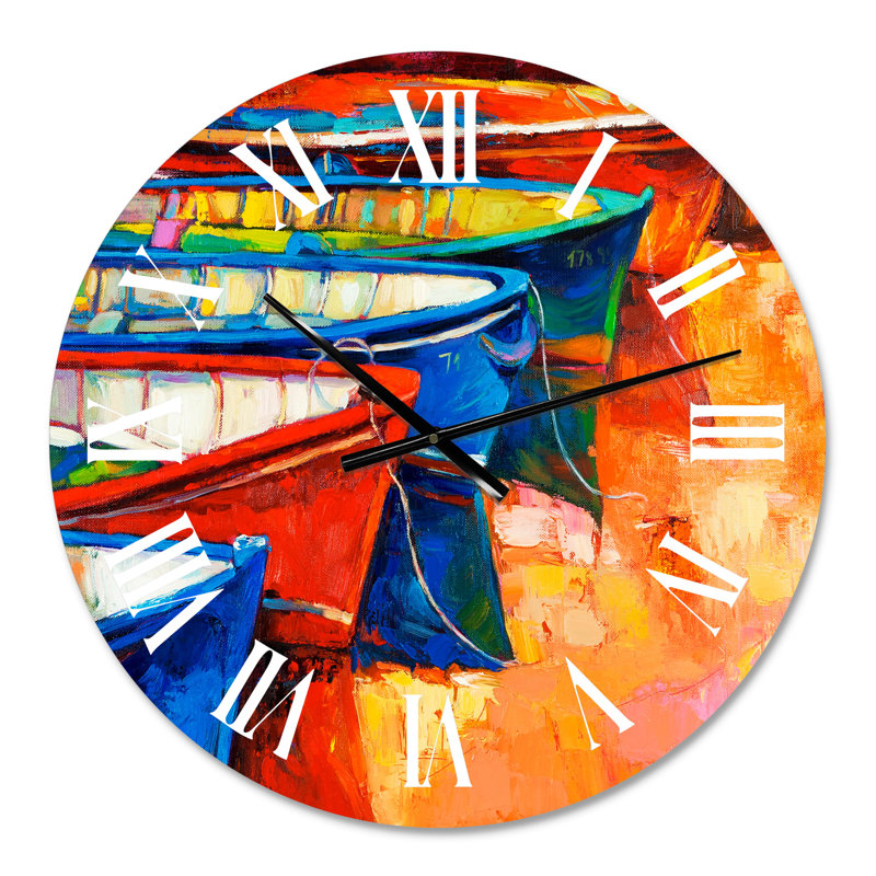 Bateaux dans le port au coucher du soleil chaud II - horloge murale nautique et côtière, Petit