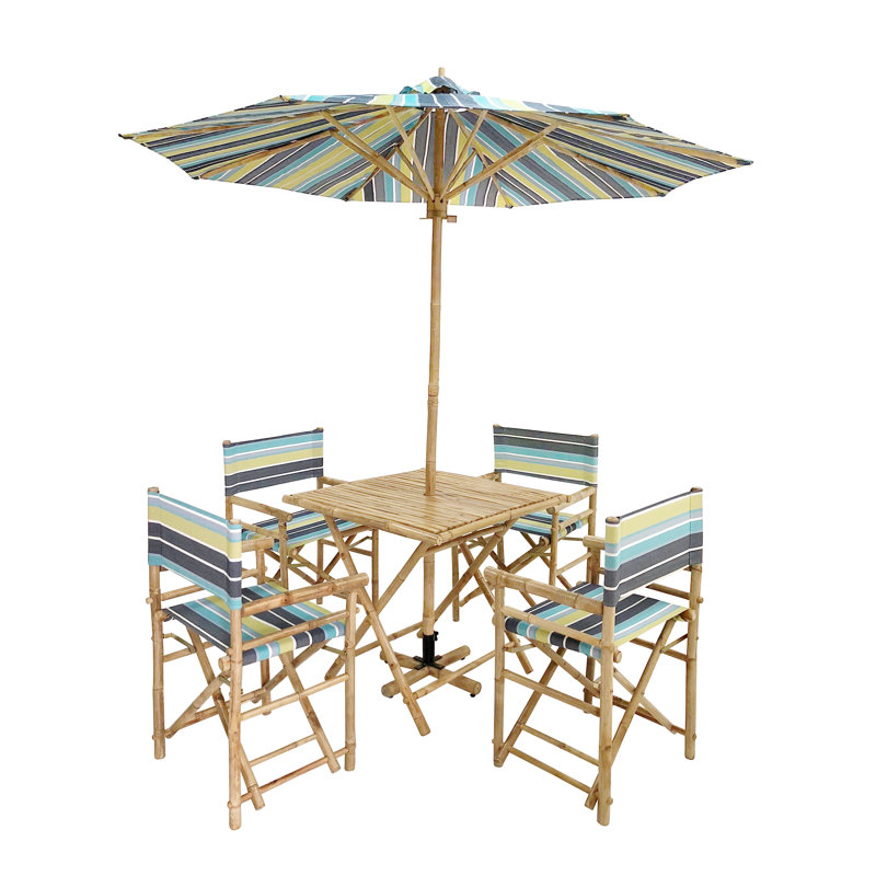 Ensemble repas 6 pièces avec parasol Sheila, Vert rayé