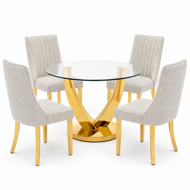 38.9" Round Glass Dining Table Set for 4, Modern 5-Pieces Kitchen Table set, Tempered Glass Table with 4 Chenille Upholstered Chairs, for Kitchen, Dining and Apartment