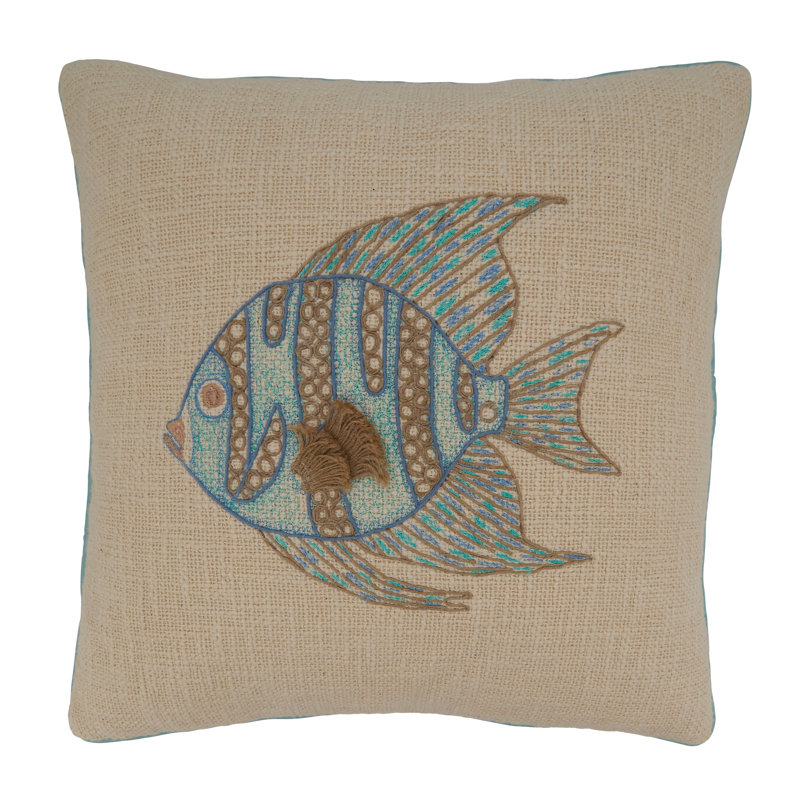 Aqua Embroidered Fish Square Throw Pillow with Down Filling