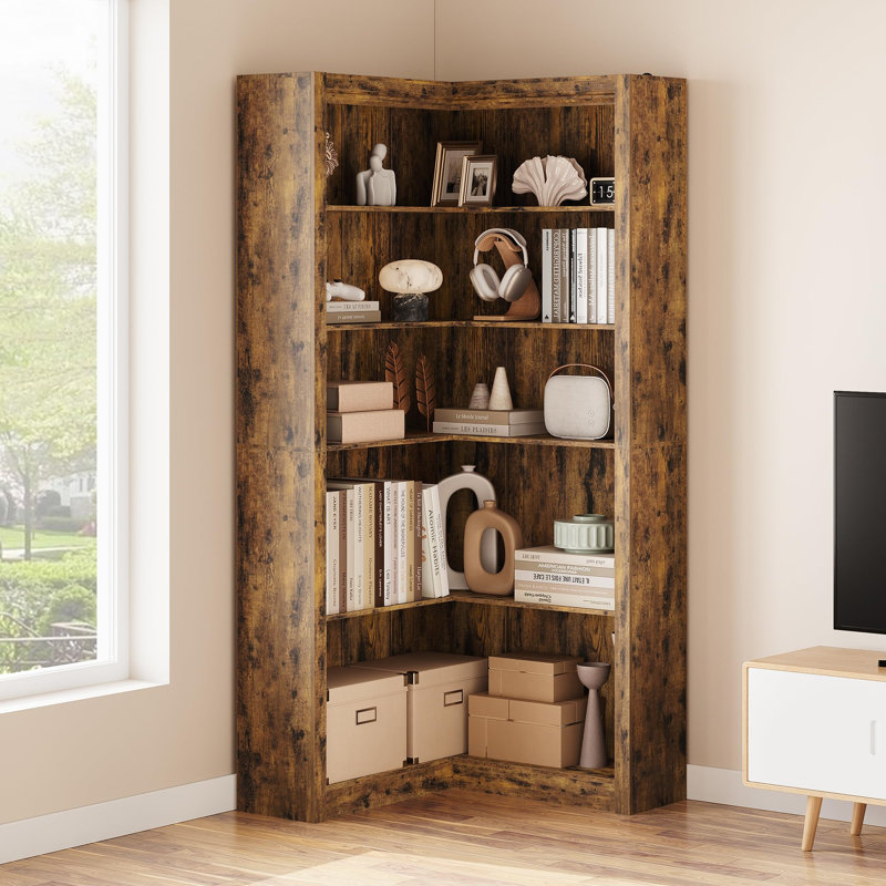 71.8'' Farmhouse Corner Bookcase, 5 - Tier Tall Bookcase, L-Shaped Corner Shelf, Brown