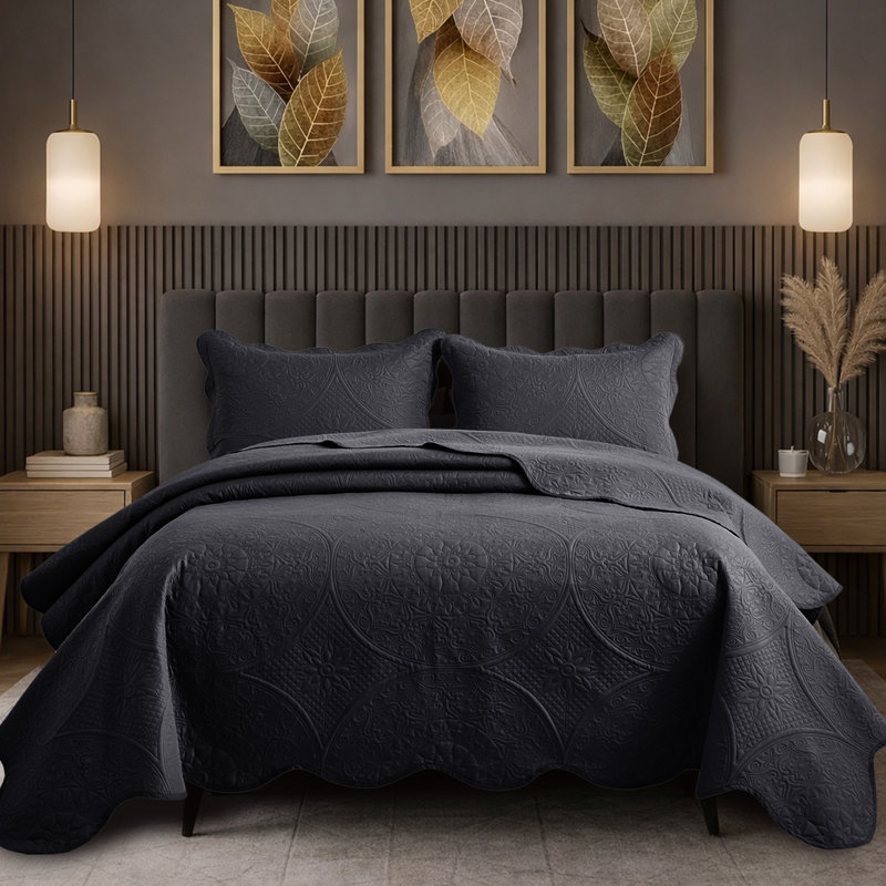 Floral Embossed Quilt Set, King Bedspread + 2 Standard Shams, Charcoal