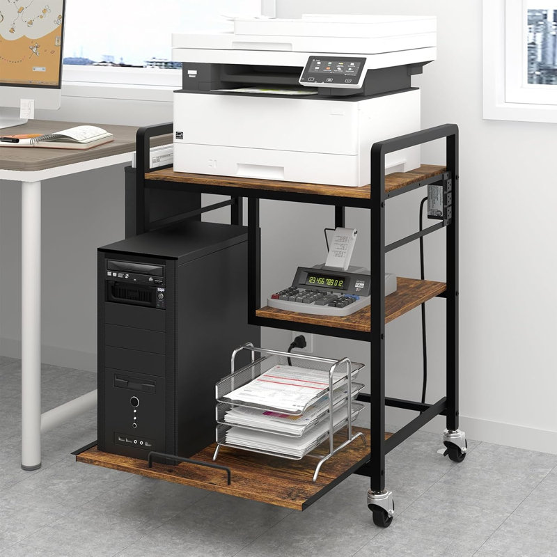 Plateau supérieur pour grandes imprimantes, chariot à roulettes robuste avec roulettes verrouillables, 3 prises de courant, tablette coulissante, rangement de papier pour le bureau, commercial