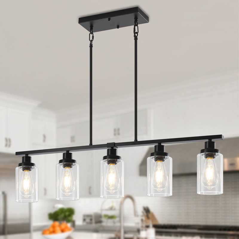 Luminaire suspendu linéaire moderne à 5 lumières avec abat-jour en verre transparent, Matte Black, 5 lumières