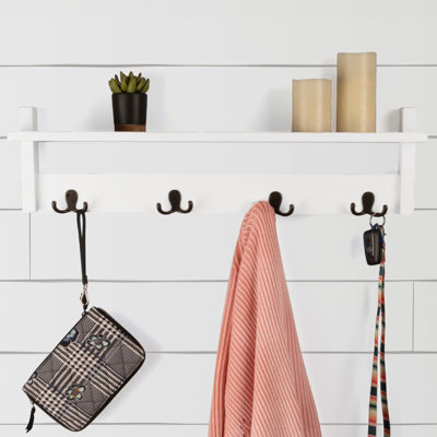 Portemanteau avec tablette - Tablette murale avec 4 crochets pour sacs à main, vestes et clés - Portemanteau pour vestibule, vestibule ou couloir par Lavish Home (blanc)