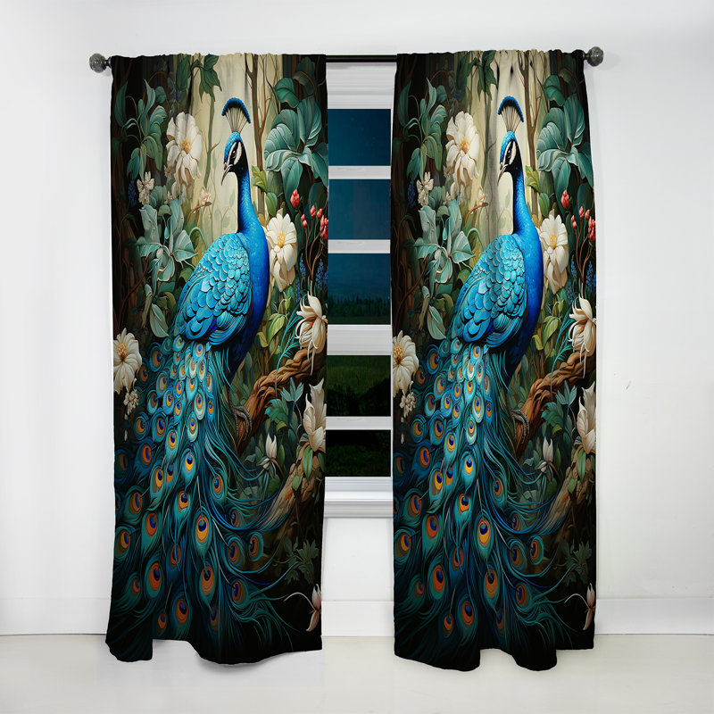 Teal Peacock Monochrome - Modern Velvet Curtain - Room Darkening - 1 Panel, 52" W x 120" L