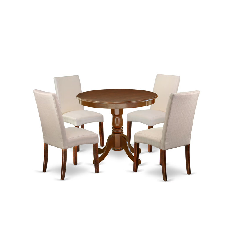 5 Piece Kitchen Table & Chairs Set Includes a Round Dining Room Table with Pedestal and 4 Cream Linen Fabric Parson Dining Chairs, Mahogany