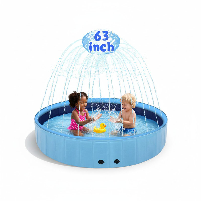 Piscine pour chien 63 "avec arroseur, piscine pour enfants 2-en-1 pliable et antidérapante, L 5,25 po x H 12 po, Bleu